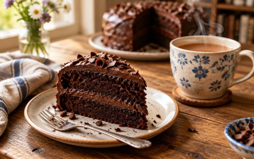 Slice of chocolate fudge cake with a cup of tea on a rustic wooden table