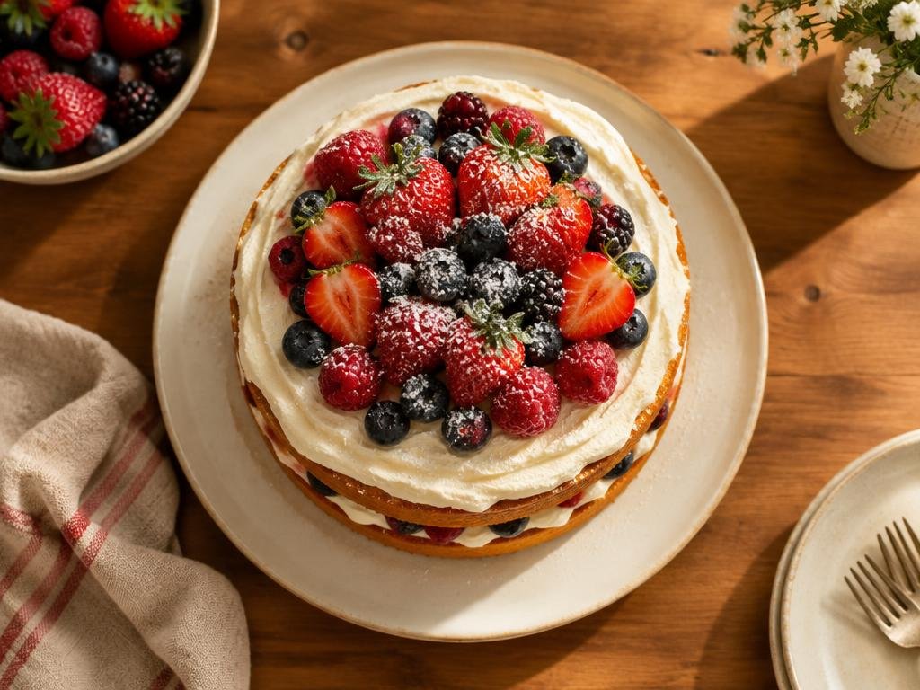 Layered vanilla cake topped with fresh berries on a cream ceramic plate
