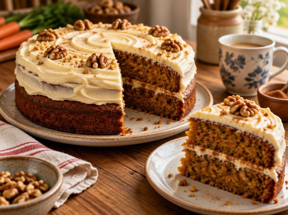 Carrot cake with cream cheese frosting and walnuts, a slice cut away