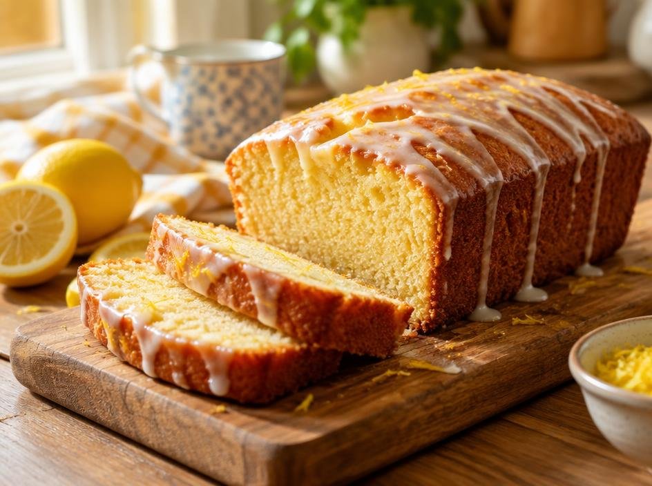 Golden lemon drizzle loaf with glossy icing on a wooden board