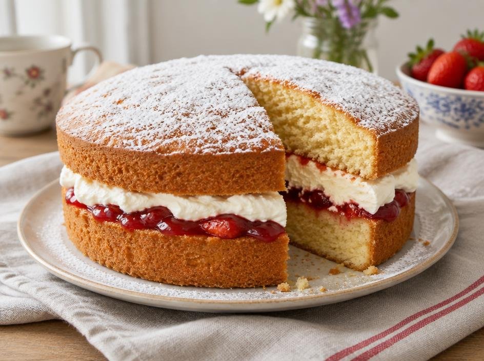 Victoria sponge cake with strawberry jam and cream, dusted with icing sugar